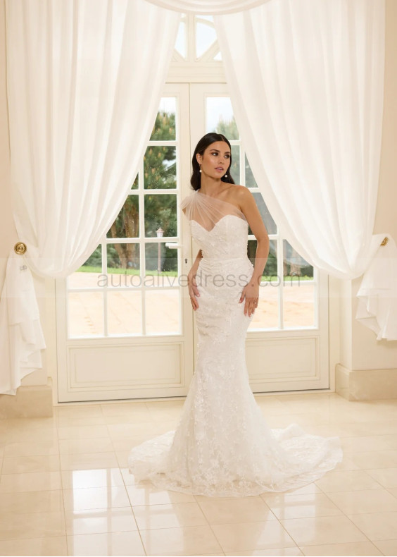 One Shoulder Ivory Lace Tulle Pearls Beaded Wedding Dress One Shoulder Ivory Lace Tulle Pearls Beaded Wedding Dress